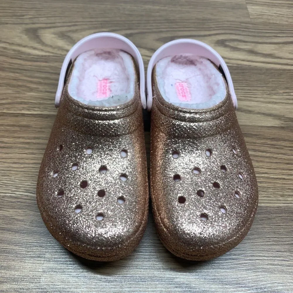 Crocs Lined Pink Glitter Girl's Clogs Size Junior‎ 4